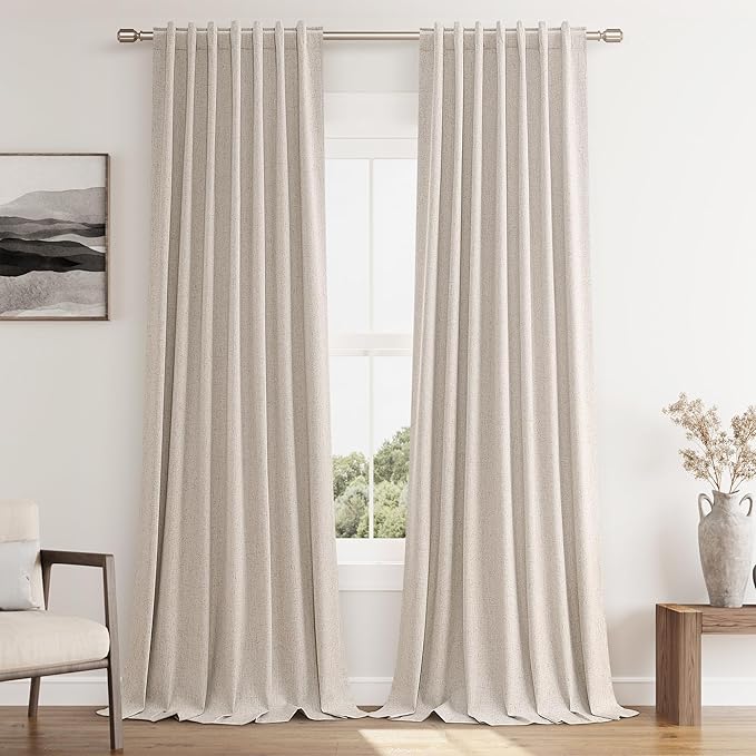 Guken Oatmeal Linen Blackout Curtains 102 Inch Length 2 Panels Set for Living Room Bedroom Back Tab Thermal Insulated 100% Black Out Linen Drapes Room Darkening Window Curtains 102 Inches Long