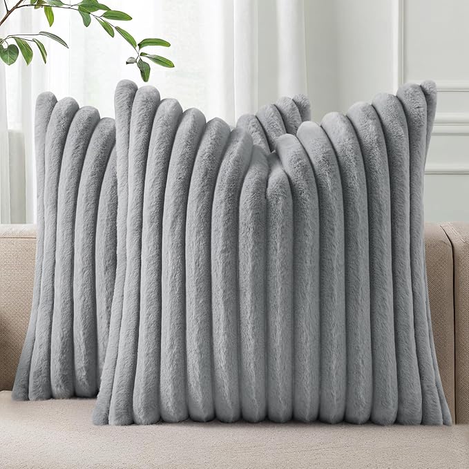 Pallene Faux Fur Plush Throw Pillow Covers 26x26 Set of 2, Luxury Soft Fluffy Striped Decorative Pillow Covers for Sofa, Couch, Living Room, Grey