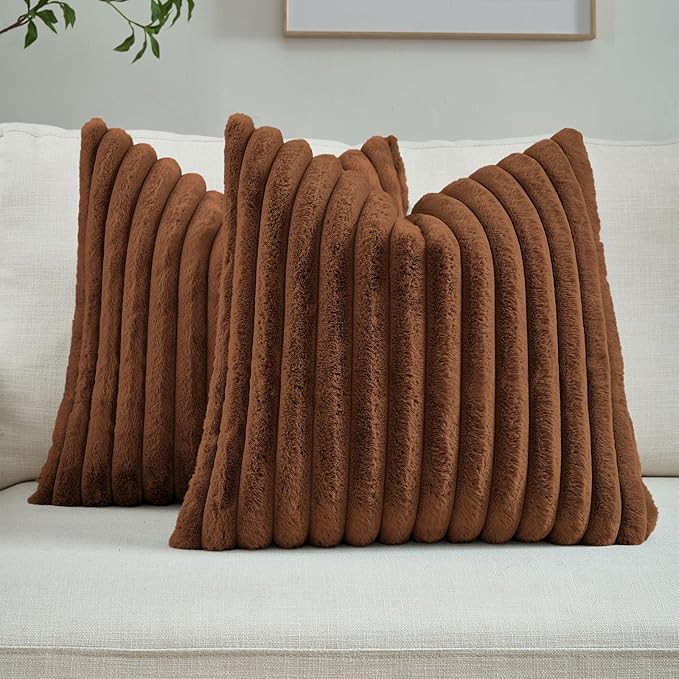 FUTEI Rust Throw Pillow Covers Set of 2, 24x24 Inch Striped Texture European Cushion Cases with Soft Faux Rabbit Fur Front & Velvet Back, Modern Decorative Couch Pillows for Living Room