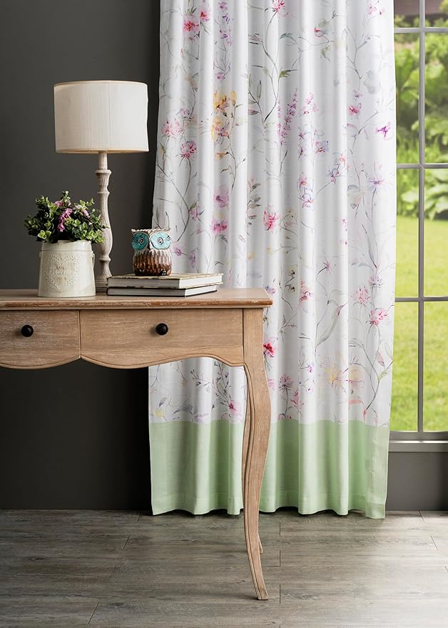 Maison d' Hermine Curtains for Living Room 100% Cotton 84 inch Length One Panel Light Filtering Curtains for Bedroom Windows with Rod and Loop Pockets Drapes (Summer Floral Green, 50" W x 84" L)
