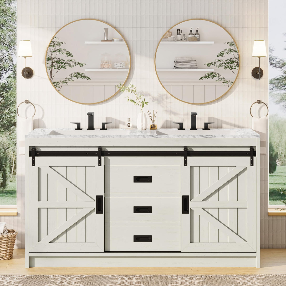 AMERLIFE 61" Double Sink Bathroom Vanity with Storage, Rustic White