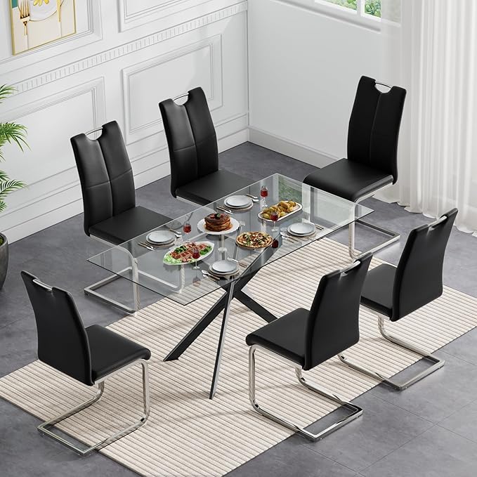 7 Piece Glass Dining Table Set, Glass Kitchen Dining Room Table Set for 6, 61" Modern Rectangular Black Glass Metal Dining Table with 6 Black PU Leather Dining Chairs for Kitchen Dining Room