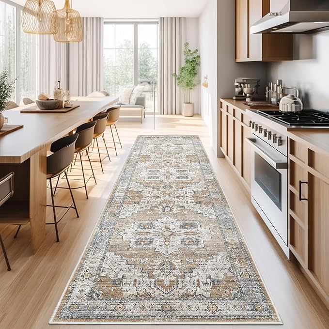 jinchan Tribal Runner Rug 3x10 for Hallway - Kitchen Machine Washable Vintage Floral Non-Slip with Rubber Backing Ultra-Thin Low-Pile Carpet Runner for Entryway Bedroom Laundry Room (3x10ft, Orange)