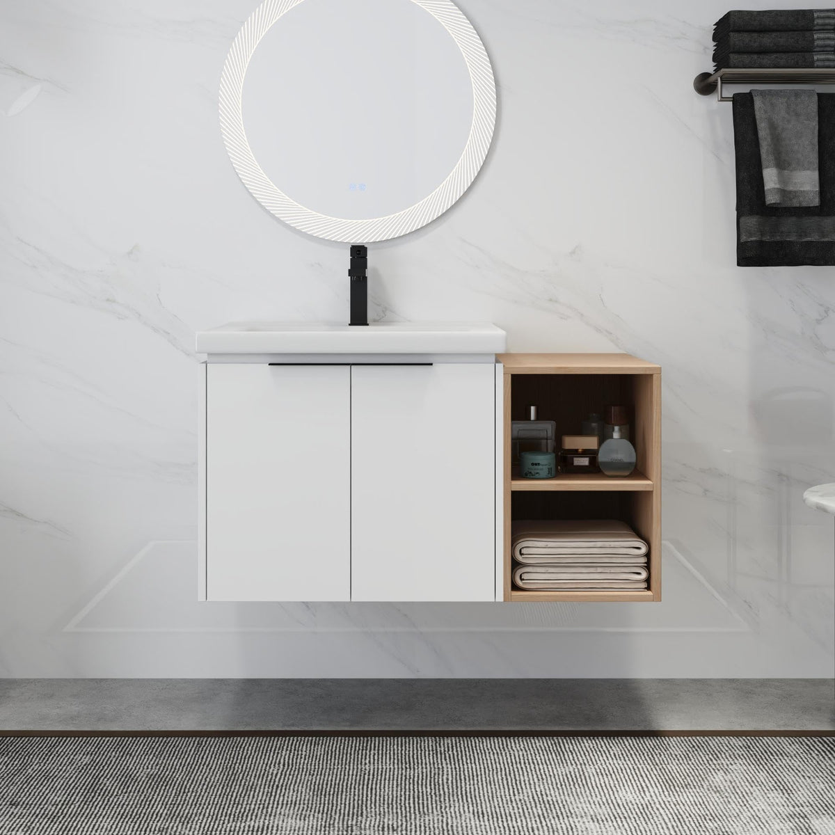 36 inch Wall-Mounted Vanity with Ceramic Sink, Modern Brown Soft-Close Bathroom Cabinet Combo with 1 Side Shelf, Bath Single Sink Floating Storage Vanity Set, White, Plywood(07424+12)