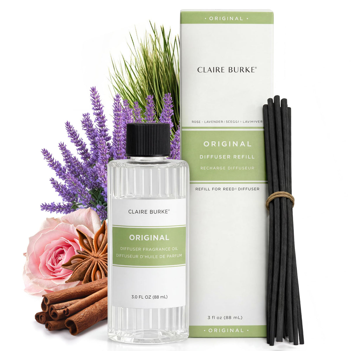 Claire Burke Original Reed Diffuser Refill for Home | Rose & Lavender Flameless Fragrance Oil with Sticks | 3 fl oz, 12 Reeds | Diffusers for Home Fragrance, Scent Diffuser Stick Set | Up to 800 Sq Ft