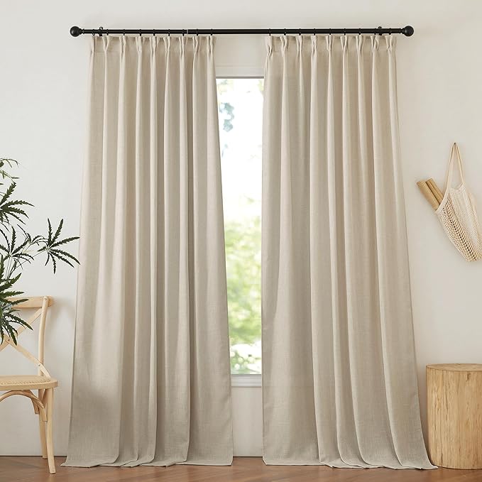 NICETOWN Light Filtering Linen Curtains 84 inch Long 2 Panels, Farmhouse Rustic Rod Pocket/Back Tab Privacy Flax Semi Sheer Country Window Drapes for Bedroom/Living Room, Taupe, W52 x L84
