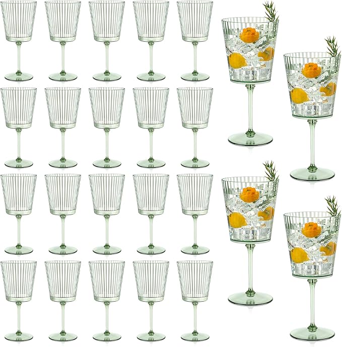 24 PCS Green Plastic Wine Glasses with Removable Stems 13.5 Oz Ribbed Wine Glasses Square White Wine Glass Muted Pastel Colors Goblets Elegant Fluted Glassware for Wedding Anniversary Birthday