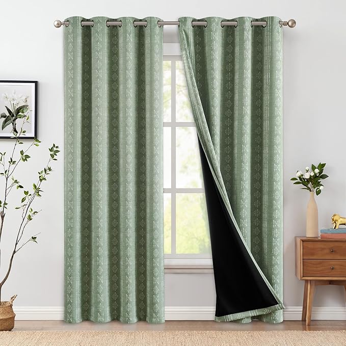 jinchan 95% Blackout Boho Curtains 96 Inch Length for Bedroom White on Sage Green Geometric Printed Grommet Top Room Darkening Thermal Insulated Window Drapes 2 Panels