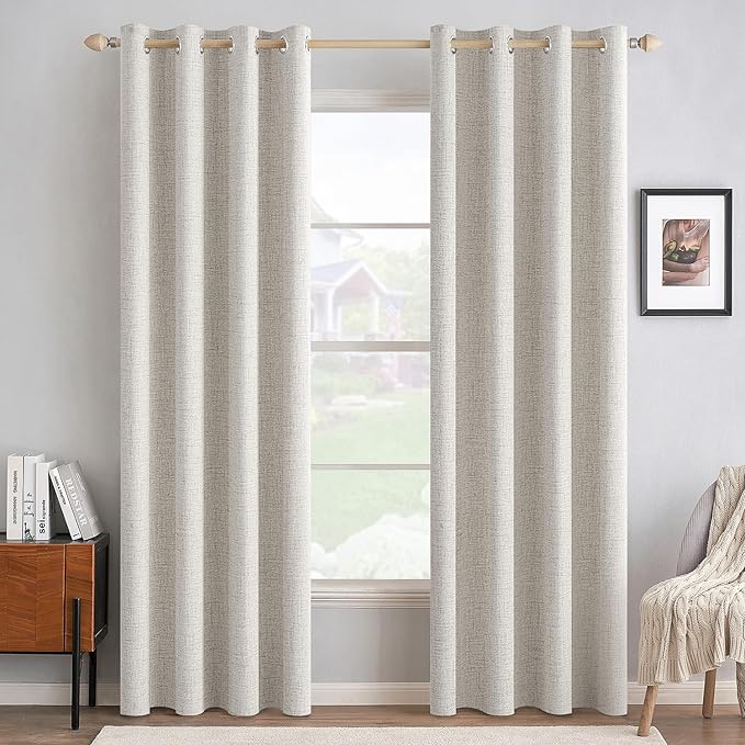 MIULEE 90 Inches Linen Textured Curtains for Bedroom 100% Blackout Thermal Insulated Cream White Grommet Room Darkening Curtains & Drapes Luxury Decor for Living Room Nursery 52 x 90 Inch (2 Panels)