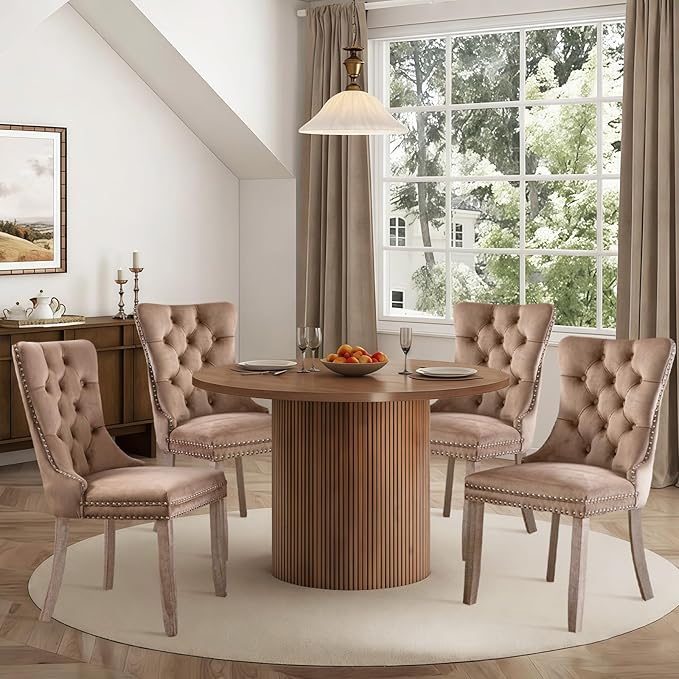 SoarFlash Velvet Dining Chairs Set of 4, Tall Back Side Chair, Modern Upholstered High-end Tufted Side Chair with Button Back Ring, Solid Wood Legs (Khaki)
