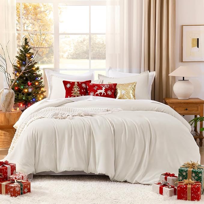 Litanika Comforters Beige Oversized King Size, 3 Pieces Lightweight Solid Bedding Comforter Set, All Season Fluffy Bed Set (120x98In Comforter & 2 Pillowcases)