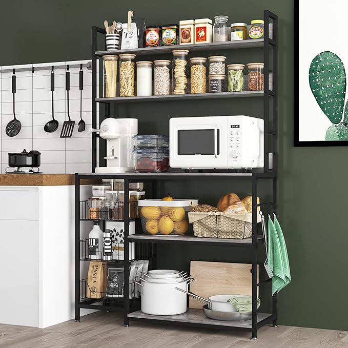 Large Baker Rack with Basket,5-Tier Kitchen Utility Storage Shelf with Hooks,Microwave Oven Stand with Storage,Suitable for Living Room, Dining Room,Coffee Bar(Grey)