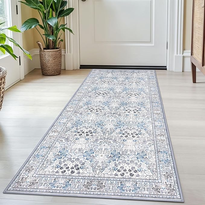 2x5 Modern Runner Rug for Hallways, Grey Blue Super Soft Hallway Decor Kitchen Rugs with Non-Slip, Non-Shedding Washable Rug for Hallways Entryway Bedroom Indoor