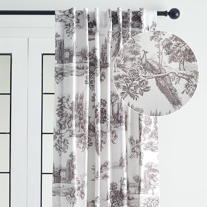 Maison d' Hermine Curtains for Living Room 100% Cotton 124 inch Length One Panel Light Filtering Toile Curtains for Bedroom Windows with Rod and Loop Pockets Drapes (Trianon Grey, 50" W x 124" L)