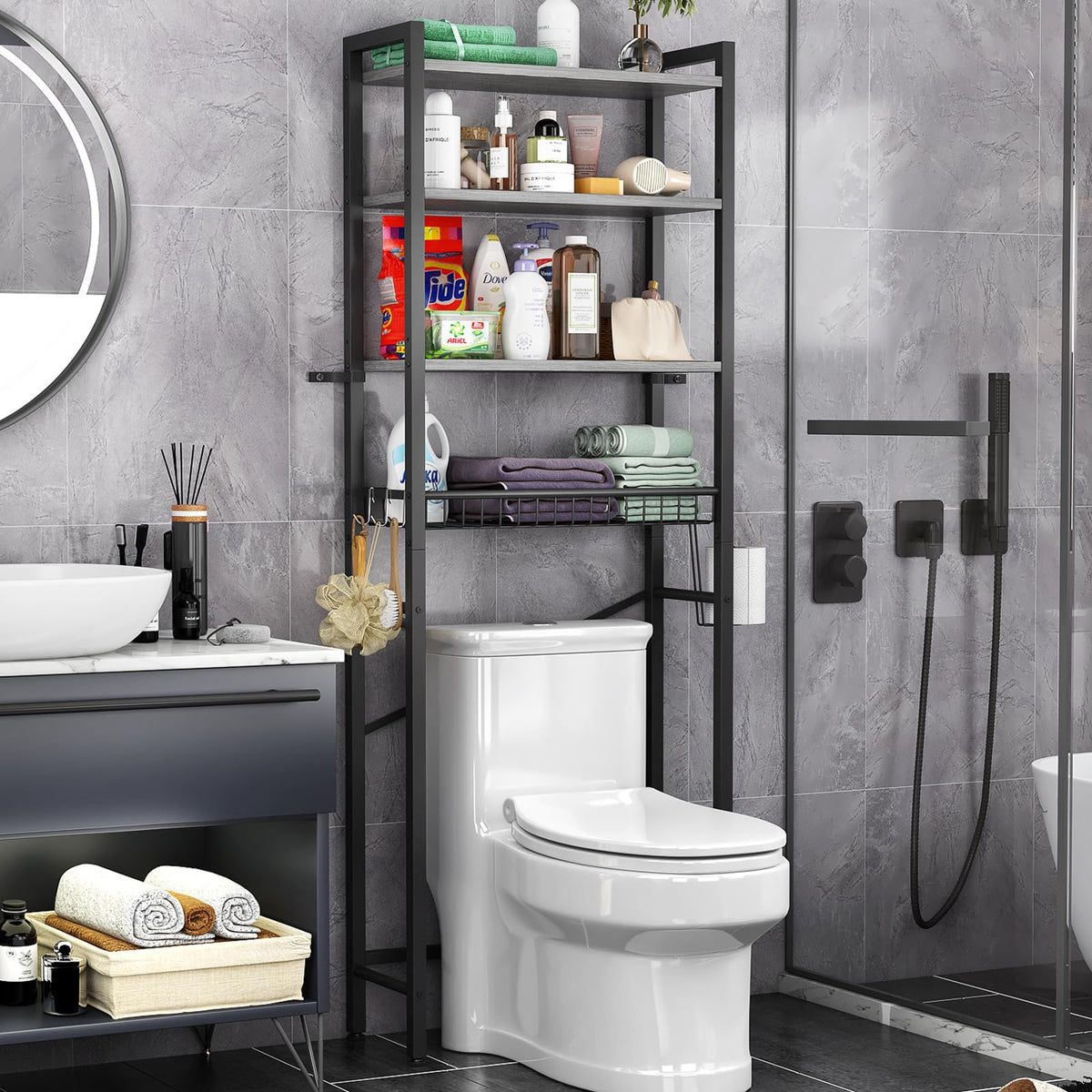Kalrin Over-The-Toilet Storage Rack, 4-Tier Bathroom Organizer Shelf Over Toilet with Adjustable Shelf and Basket, Freestanding Space Saver Bathroom Shelves Above Toilet for Room (Pure Gray)