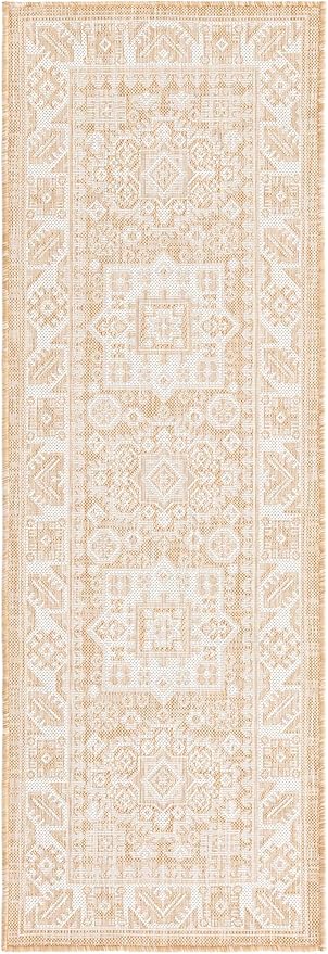Rugs.com Outdoor Aztec Collection Rug – 6 Ft Runner Natural Flatweave Rug Perfect for Hallways, Entryways