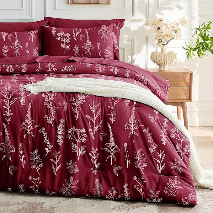 MUXHOMO Burgundy Bed in a Bag King 7 Pieces, King Comforter Set Reversible Botanical Flowers Design, Ultra Soft & Breathable Bedding Sets with Comforter, Sheets, Pillowcases & Shams