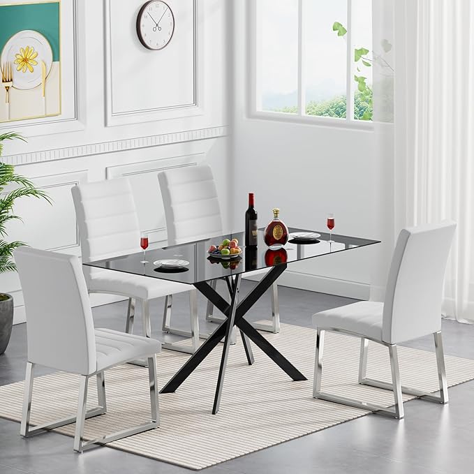 HomVent 5 Pieces Rectangular Glass Dining Table Set, Black Glass Dinner Table for 4 Kitchen Table Set with 4 PU Dining Chairs for Kitchen