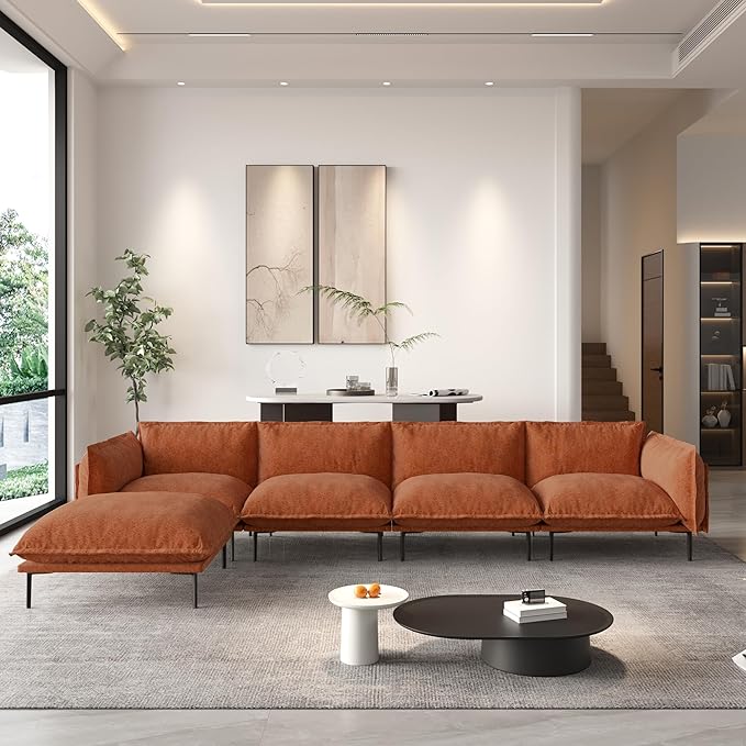 WJShome 147" Modern L-Shaped Couch for Living Room,Velvet Modular Sectional Sofa with Chaise,4-Seater Sofa with 1 Ottomans with Removable Cushions and 8" High Metal Legs, Easy to Clean, Terracotta