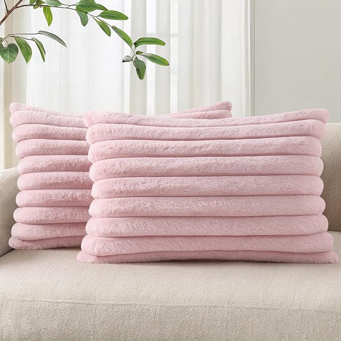 Pallene Faux Fur Plush Lumbar Throw Pillow Covers 12x20 Set of 2, Luxury Soft Fluffy Striped Decorative Pillow Covers for Sofa, Couch, Living Room, Blush Pink