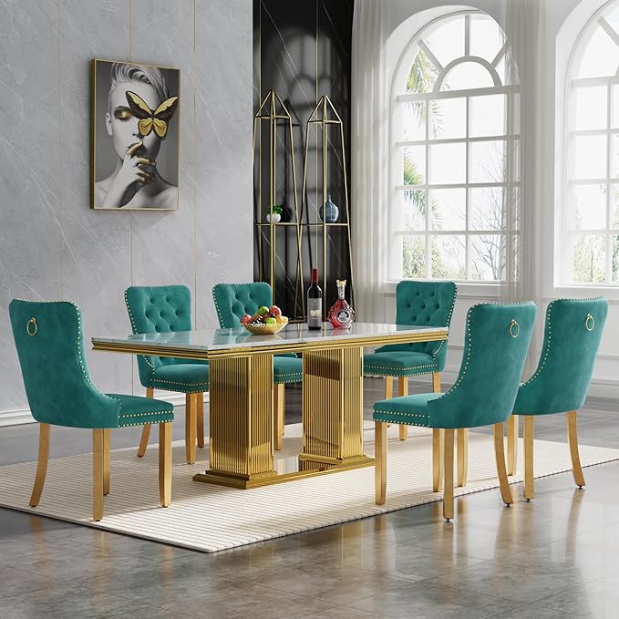HomVent 68.11'' Faux Marble Dining Table Set for 6, Modern Rectangle Kitchen Table Set with Faux Marble Table Top & Stainless Steel Base