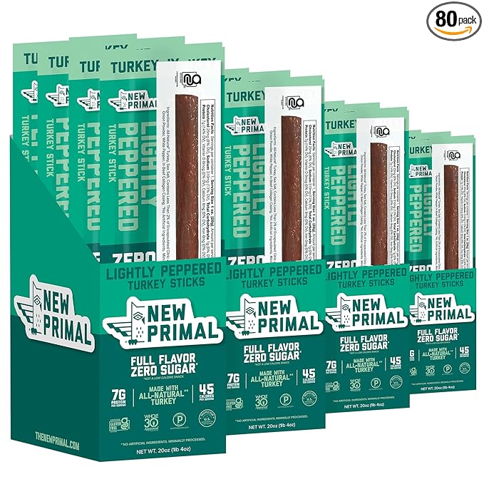 New Primal Lightly Peppered Turkey Sticks, Keto, Gluten Free Healthy Snacks, Sugar Free Low Carb High Protein, Jerky Meat Stick, 7g Protein, 80 Ct