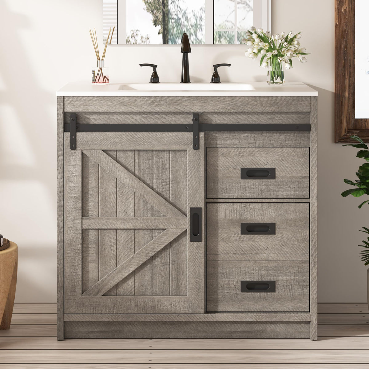 LUXOAK 36'' Farmhouse Freestanding Bathroom Vanity Cabinet with Sink, Grey