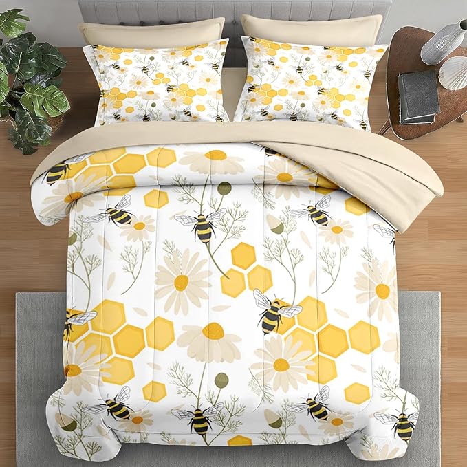 Comforter Set King Size, Bees Honey Flower 7 Pcs Bedding for Kids and Adults, Spring Floral Summer Bed Sheet Sets with Fitted Sheet 2 Pillowcases & 2 Shams for Bedroom Bed Decor
