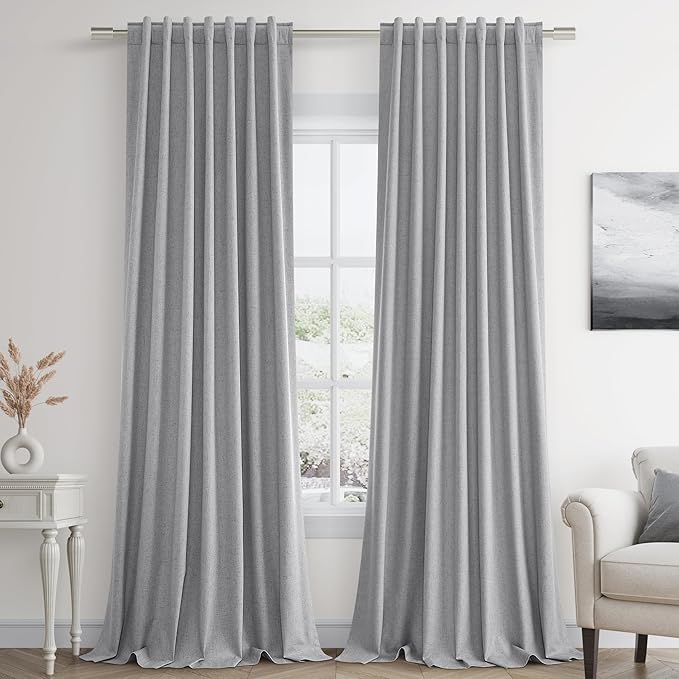 Guken Grey Linen Blackout Curtains 90 Inch Length 2 Panels Set for Living Room Bedroom Back Tab Thermal Insulated 100% Black Out Linen Drapes Room Darkening Window Curtains 90 Inches Long