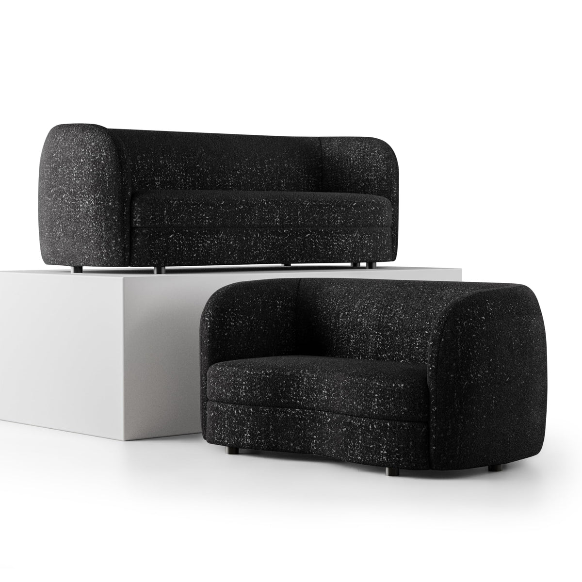 Furniture of America Nimiane Modern Boucle 2 Piece Sofa and Loveseat Set with Curved Arms and Wooden Legs, Accent Furniture Sets for Living Room, Home Office, Bedroom, Black