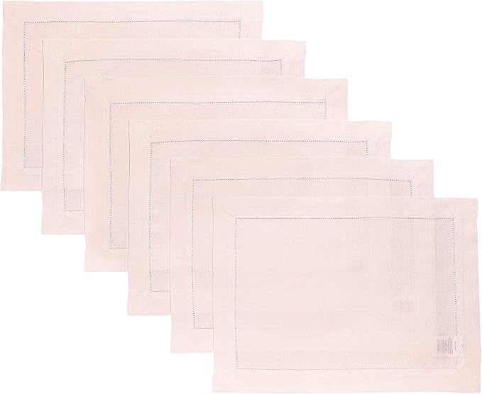Solino Home Linen Cloth Placemats Set of 6-100% Pure Linen Hemstitch Pink Placemats 14 x 19 Inch - Classic Hemstitch Table Place Mats for Christmas