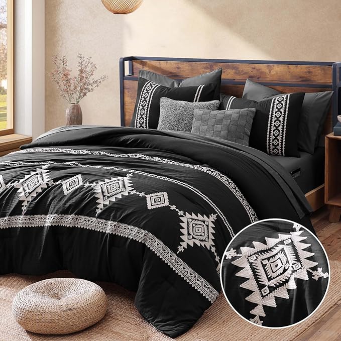 MaiRêve Embroidery Comforter Set, Boho Farmhouse Western Bedding Set, All Season Bed in A Bag Comforter Set with Sheets, Pillowcases & Shams, Black California King 7 Pieces