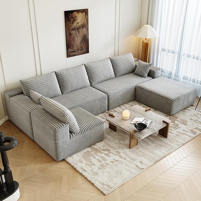 139.4" Modular Sectional Sofa, U-Shaped Minimalist Couches with Ottoman and Middle Seat, Modern Deep Seat Convertible Sleeper Sofa Bed, Reversible Chaise, Cloud Plush Corduroy Fabric,6 Seater, Grey