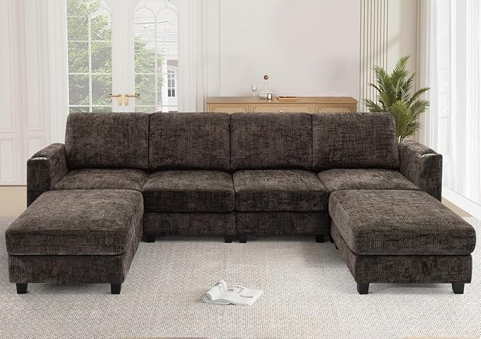 110" Convertible U-Shape Couch with 2 Flexible Ottomans, Soft Sectional Sofa with 2 Built-in Cup Holders, Chenille 4 Seats Sofa with Well-Filled Back Cushions for Living Room, House, Brown