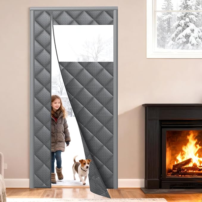 Magnetic Thermal Insulated Door Curtain Fit 34" X 80" with Clear Window, Thermal Door Cover for Winter Thicken Oxford Cloth and Cotton Automatic Insulation Cover Blanket for Winter