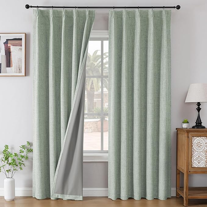 Joydeco Pinch Pleated Curtains - 100% Blackout for Bedroom, Sage Green Linen Curtains 40" W x 108" L, Thermal Insulated 2 Panels Light Blocking Drapes, Back Tabs for Living Room