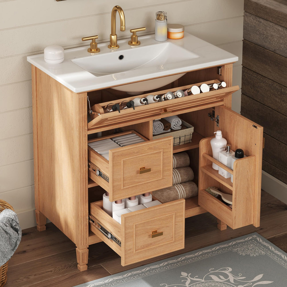 Virubi 30in Bathroom Vanity with Sink, Modern Wood Bathroom Sink Cabinet with Storage, Flip-Out Drawer, Soft-Closing Door and Drawers, Adjustable Shelf, Freestanding