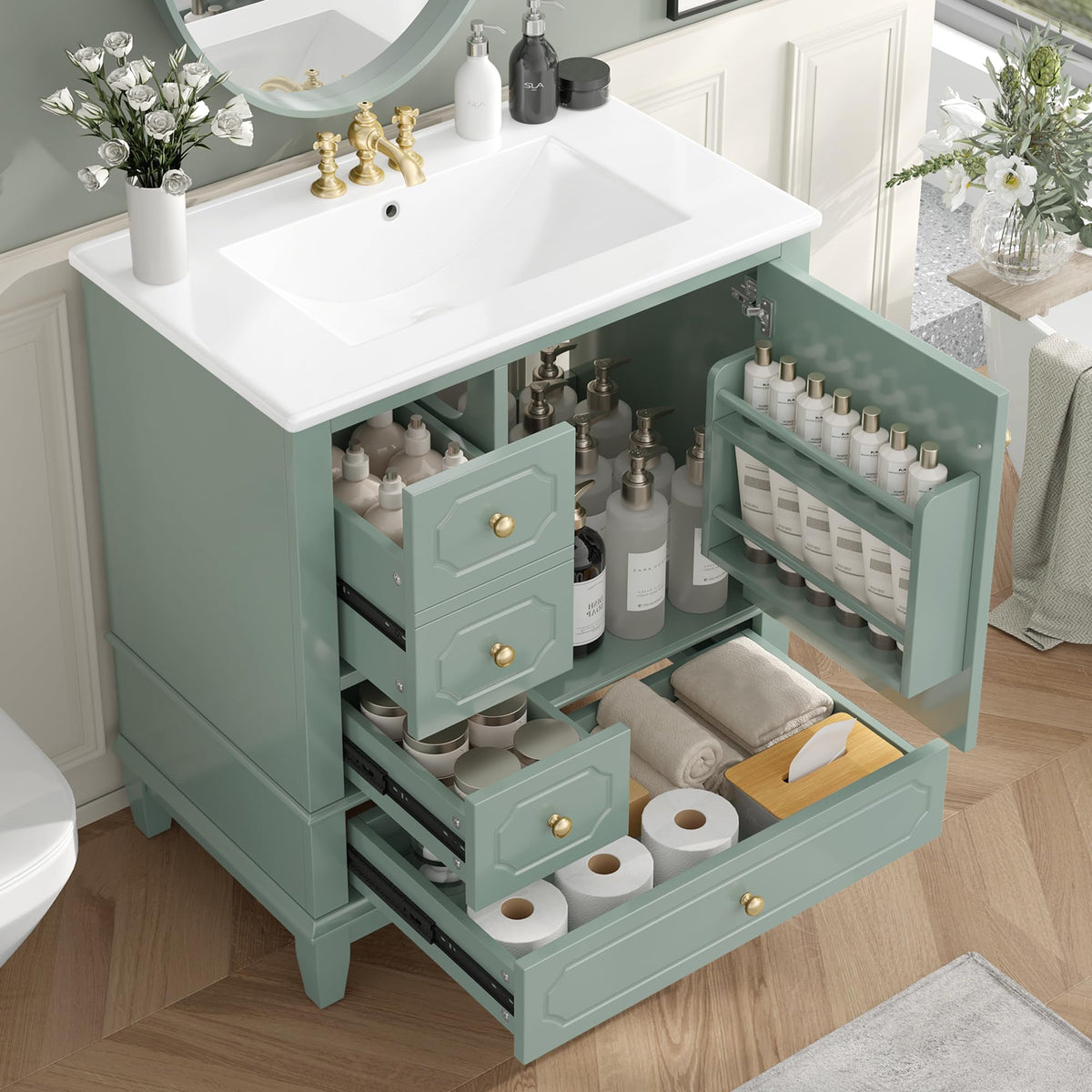 Virubi 30 in Bathroom Vanity with Sink and Soft Closing Doors,Solid Wood & MDF Modern Single Bathroom Sink Cabinet with Drawers,Freestanding (Light Green)