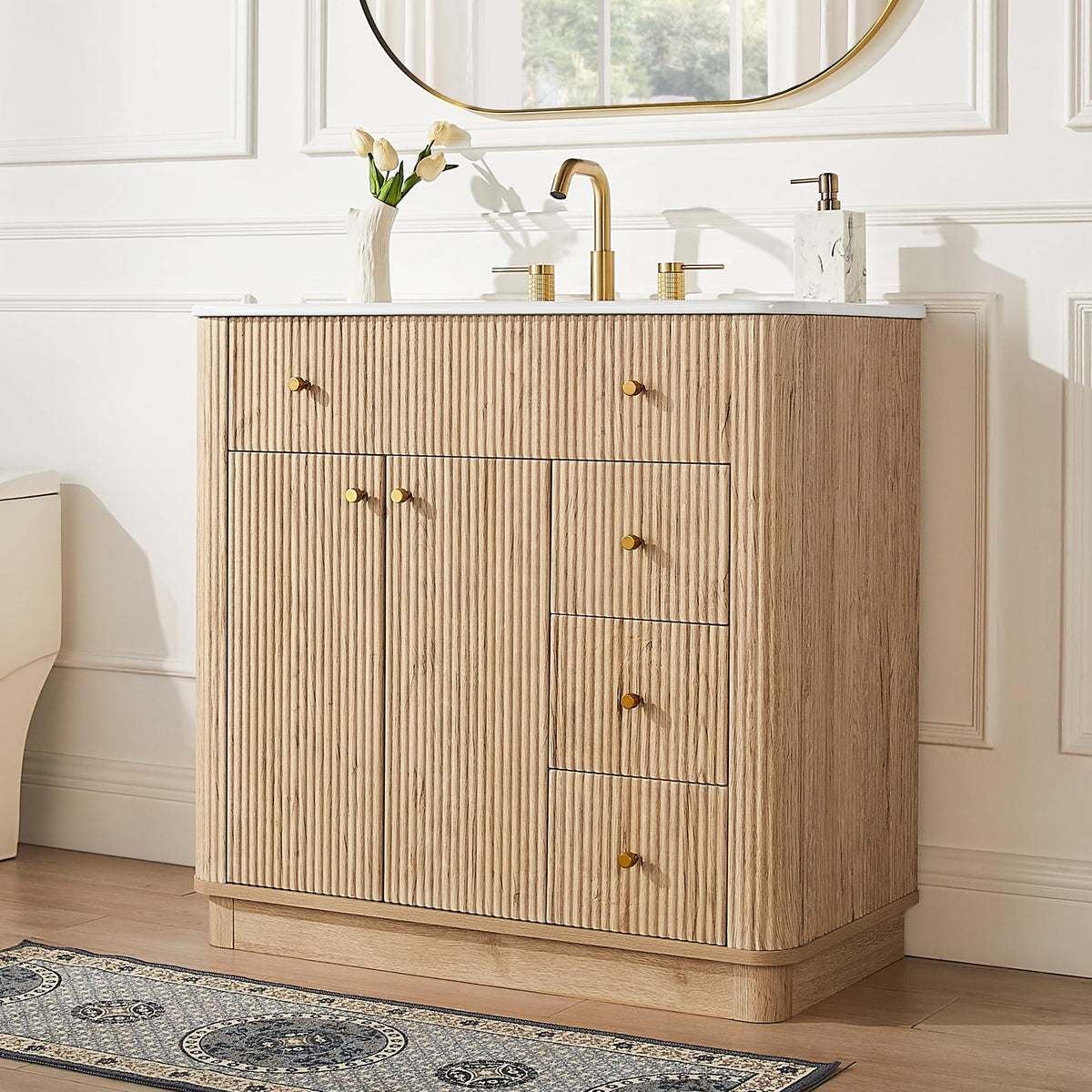 T4TREAM 36" Fluted Bathroom Vanity with Single Sink, Natural Oak