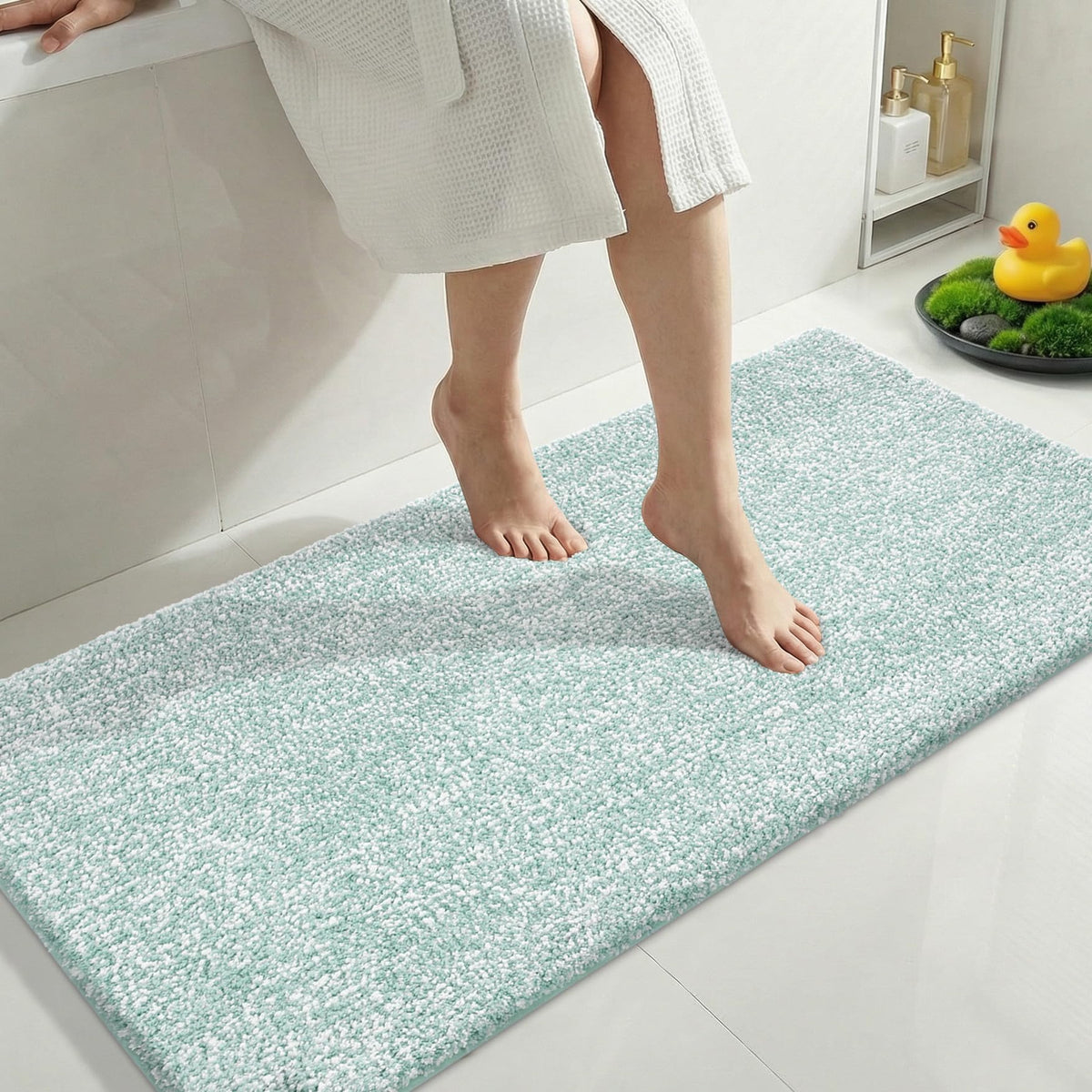 Yimobra Cushioned Anti-Fatigue Long Bathroom Runner Rug, Non Slip Washable Bath Mat, Dense Soft for Double Sink Vanity, Tired Feet Comfort, Absorbent, 47" X 24" (3.9' × 2.0'), Light Blue and White