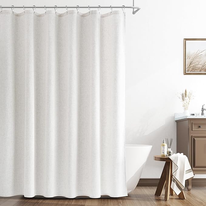 Naturoom Natural Linen Shower Curtain, Country Boho Farmhouse Bath Decor Shower Curtains Neutral Cloth Weighted Textured Fabric Bath Curtain Liner with Hooks, Beige White, 72x78