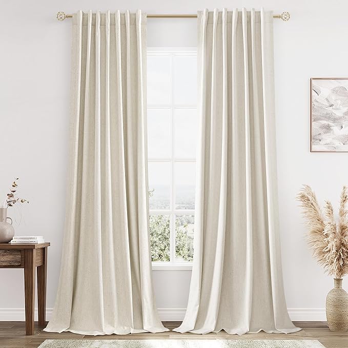 Guken Beige Cream Linen Blackout Curtains 96 Inch Length 2 Panels Set for Living Room Bedroom Back Tab Thermal Insulated 100% Black Out Linen Drapes Room Darkening Window Curtains 96 Inches Long