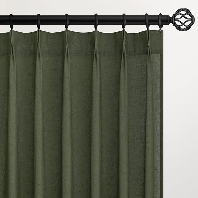 Topfinel Olive Green Pinch Pleated Semi Sheer Curtains Textured Linen Blended Light Filtering Window Curtains 78 inch for Living Room Bedroom Pinch Pleat Drapes with Hooks 2 Panels 40" Wx78 L