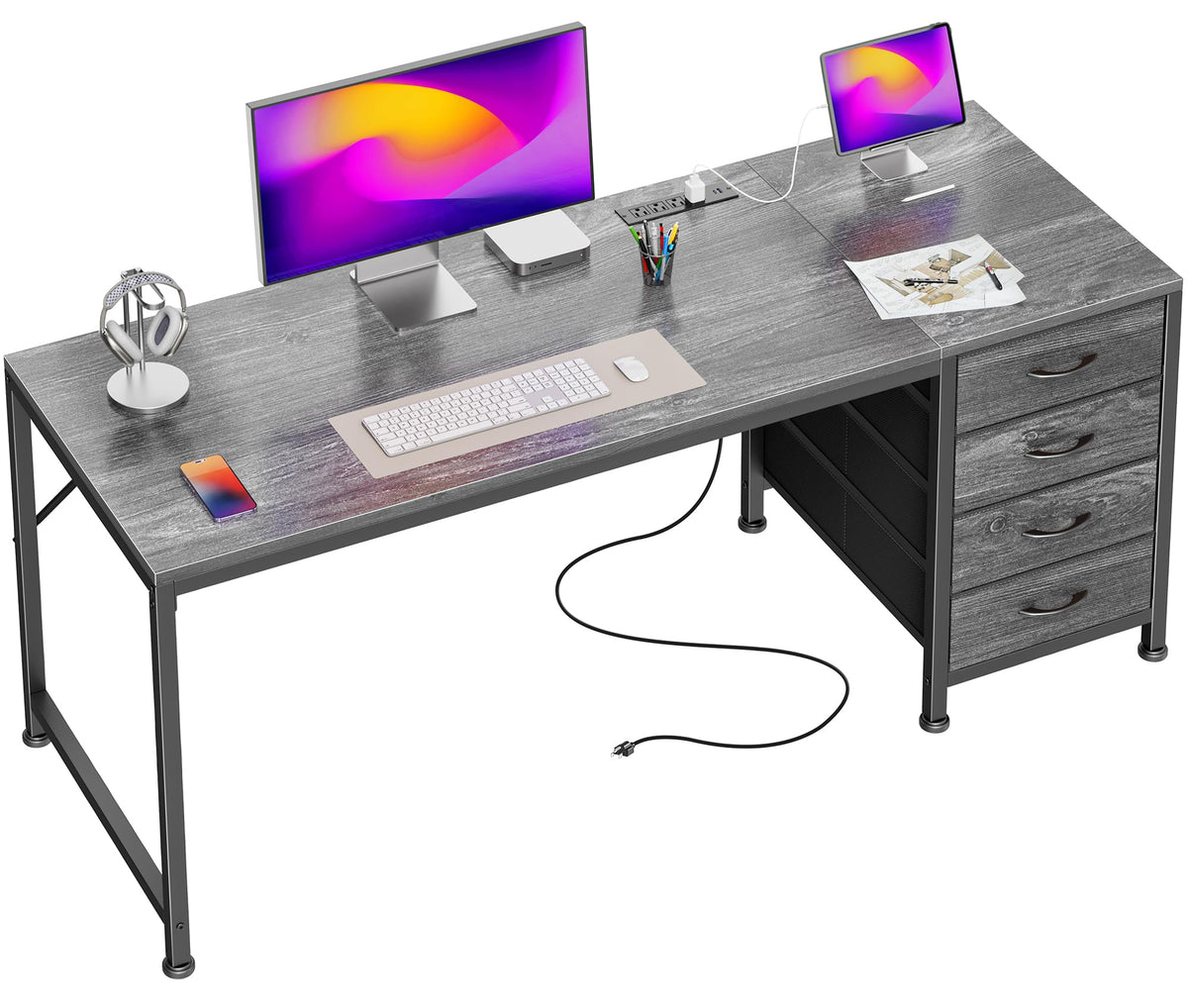 PRAISUN 55.1 Inch Computer Office Desk with Power Outelts and USB-C Port, Reversible Gaming Desk with 4 Fabric Drawers, Work Study Desk Work from Home, Grey