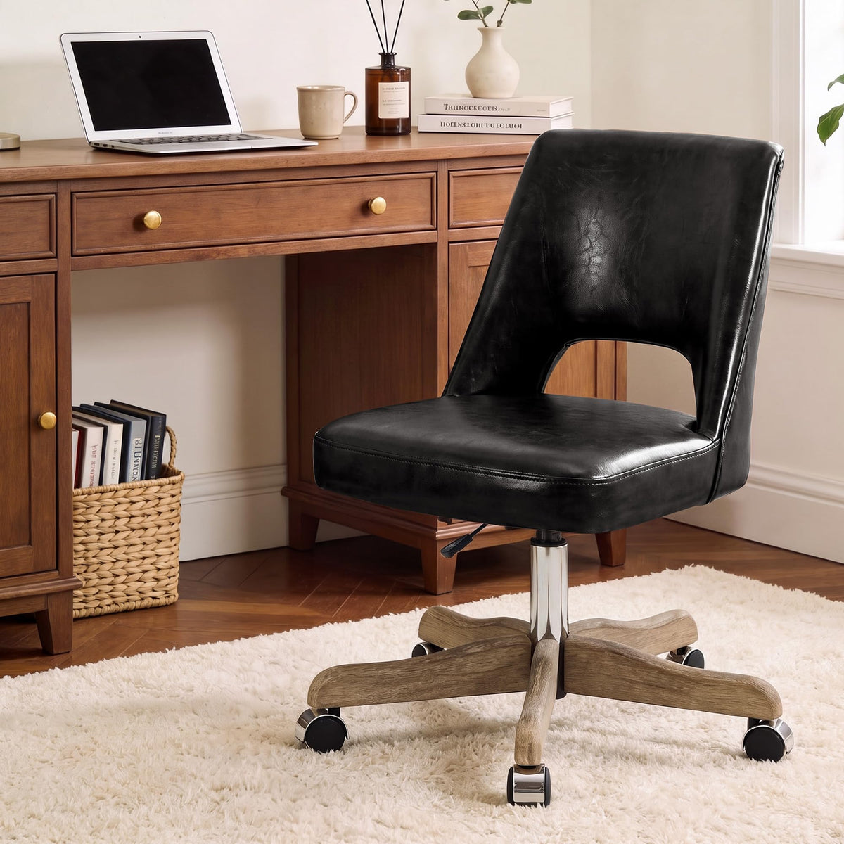 HOCAT Swivel Office Desk Chair, Armless Adjustable Height Faux Leather Chair,Farmhouse Small Mid Back No Arms Rolling Vanity Chair with Wood-Look Base for Home Office and Bedroom,Black