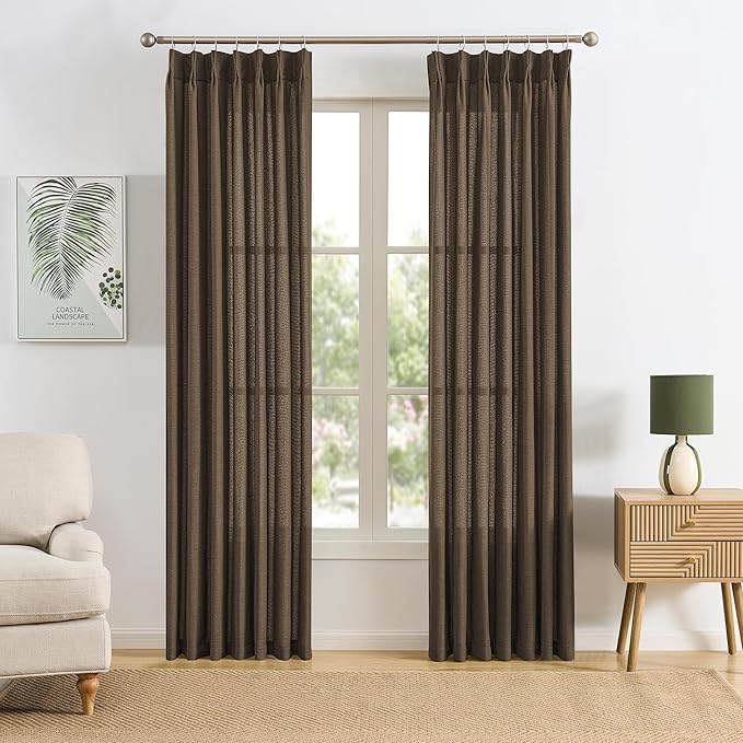 Brown Pleated Linen Curtains 84 Inches Long Farmhouse Semi Sheer Memory Trained Shape Pinch Pleat Drapes with Hooks Back Tab Ripple Fold Curtain for Bedroom Living Room 42x84