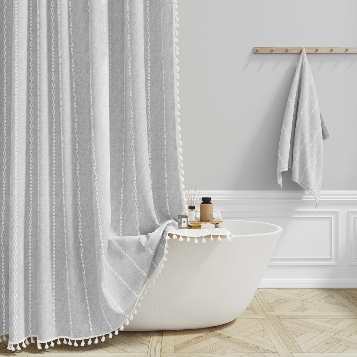 BTTN 60 x 84 Boho Linen Heavy Duty Cloth Shower Curtain Set, Grey/Gray