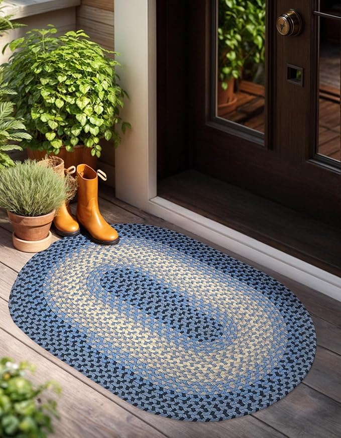 Tranquility TQ12 Blue 3' x 5' Oval - Braided Area Rug, Home Decor, Floor Mat or Bedroom Rug - Easy Care, Ideal for High Traffic Areas in Hallway and Living Room - Made in USA