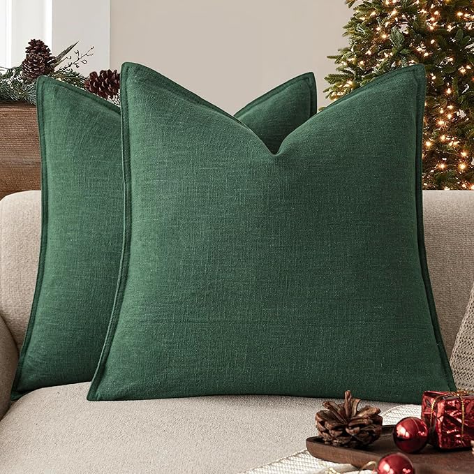 Foindtower Set of 2, Decorative Linen Soild Throw Pillow Covers Soft Accent Euro Cushion Case Farmhouse Neutral Pillowcase for Chair Couch Sofa Bedroom Living Room Home Decor 24 x 24 Inch Pine Green