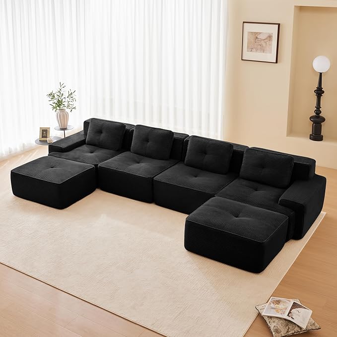 Hommoo 153" Oversized Sectional Sofa, Modular U Shaped Couch with Ottoman, Comfy Corduroy Couches with Deep Seat, 6 Seat Convertible Boneless Sofa for Living Room No Assembly Required Black